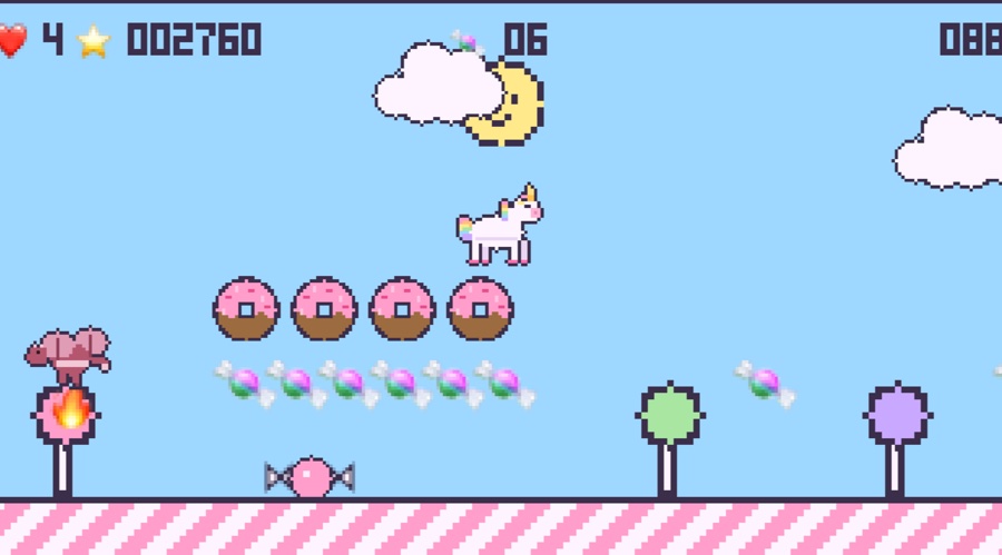 Startbildschirm des Browser-Spiels Happy Unicorn Land mit Pixel-Art-Tieren